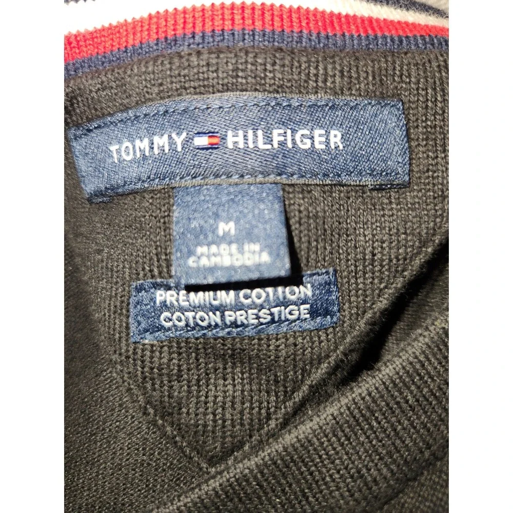 Tommy Hilfiger Mens Black Premium Cotton V-Neck Sweater M Flag‎ Logo Pullover